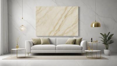 The primary subject of the image is a white couch with pillows, placed in a room with a large marble wall. The setting is a living room, and the visual style is a photo. The colors and mood of the image are predominantly white, giving it a clean and minimalist appearance.