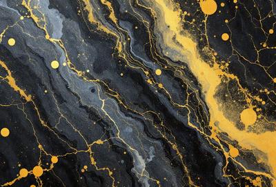 The primary subject of the image is a black and yellow painting, which features a swirling pattern of yellow and black lines. The setting is a black background, and the visual style appears to be a digital art or illustration. The dominant colors in the painting are yellow and black, creating a vibrant and energetic atmosphere.