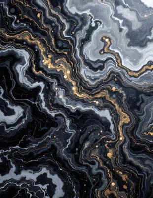 The primary subject of the image is a close-up of a black and gold marbled stone. The setting is a dark background, which contrasts with the marbled stone. The visual style is a close-up of the stone, showcasing its intricate patterns and textures. The colors and mood of the image are predominantly dark, with the gold and black colors creating a striking contrast against the black background.