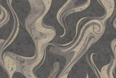 The primary subject of the image is a patterned wallpaper with a gray and white color scheme. The setting is a room with a stone wall, and the visual style appears to be a combination of a photo and digital art. The overall atmosphere is calm and sophisticated.