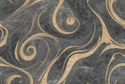 The primary subject of the image is a marble-like pattern with swirls and curves. The setting is a grey stone surface, which adds to the visual style. The image is a digital art or illustration, showcasing the intricate design of the marble pattern. The dominant colors are grey and black, creating a sophisticated and elegant atmosphere.