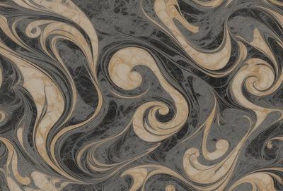 The primary subject of the image is a marble patterned wallpaper with a swirling design. The setting is a room with a gray and black color scheme. The visual style is a combination of a photo and a digital art, illustration, or drawing. The dominant colors are gray, black, and white, creating a sophisticated and elegant atmosphere.