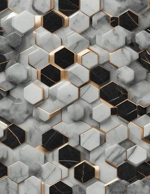 The primary subject of the image is a patterned wall made of marble and gold. The setting is a room with a marble wall, and the visual style is a combination of photo and digital art. The dominant colors are gold, black, and white, creating a luxurious and elegant atmosphere.