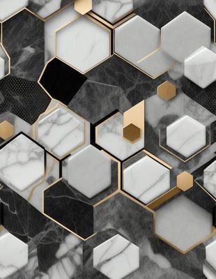 The primary subject of the image is a patterned marble wall with a gold and black color scheme. The setting is a room with a black and white marble floor. The visual style is a combination of digital art and illustration, creating a unique and intricate design. The dominant colors are gold, black, and white, giving the wall a luxurious and elegant appearance.