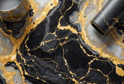 The primary subject of the image is a marble tabletop with a gold-colored pattern. The setting is a table with a marble surface, and the visual style is a close-up of the marble tabletop. The colors and mood of the image are predominantly gold and black, creating a luxurious and elegant atmosphere.