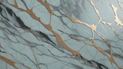 The primary subject of the image is a marble wall with a gold-colored design. The setting is a room with a blue background. The visual style is a combination of a photo and digital art, creating a unique and intricate pattern. The dominant colors are blue and gold, giving the wall a luxurious and elegant appearance.