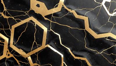 The primary subject of the image is a close-up of a black and gold patterned fabric. The setting is a black background, which contrasts with the gold and black fabric. The visual style appears to be a combination of a photo and digital art, as the gold and black pattern is intricately detailed. The colors and mood of the image are predominantly black and gold, creating a sophisticated and elegant atmosphere.