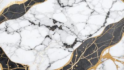 The primary subject of the image is a marble table with a gold pattern on it. The table is set against a black background, giving it a contrasting appearance. The visual style of the image is a combination of photo and digital art, creating a unique and eye-catching design. The dominant colors in the image are gold and black, giving it a luxurious and elegant feel.