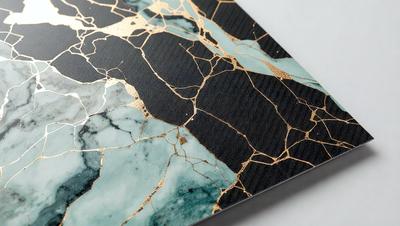 The primary subject of the image is a marble-like surface with a gold-colored design. The setting is a black and white background, which contrasts with the gold and green colors of the marble. The visual style is a combination of digital art and illustration, creating a unique and eye-catching design. The colors and mood of the image are predominantly black, white, and gold, giving it a sophisticated and elegant appearance.