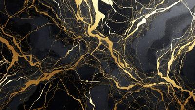 The primary subject of the image is a close-up of a marble countertop with gold veins. The setting is a kitchen, and the visual style is a photo. The dominant colors are black and gold, creating a luxurious and elegant atmosphere.