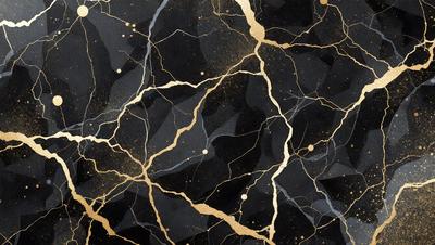 The primary subject of the image is a black and gold patterned surface, which appears to be a wallpaper or a textured wall. The setting is a room with a black and gold color scheme. The visual style is a combination of digital art and illustration, creating a unique and eye-catching design. The dominant colors are black and gold, giving the space a luxurious and sophisticated atmosphere.