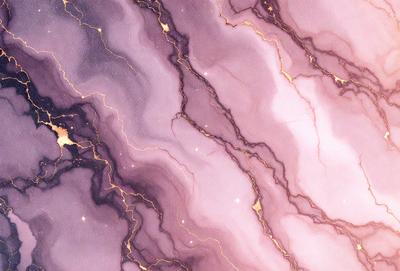 The primary subject of the image is a purple marble wall with gold streaks. The setting is a room with a purple marble wall as the main focus. The visual style is a painting, with the artist using a combination of purple and gold colors to create a unique and eye-catching design. The overall atmosphere is elegant and luxurious, with the gold streaks adding a touch of sophistication to the purple marble wall.