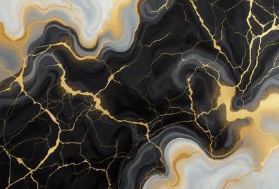 The primary subject of the image is a marble-like surface with gold streaks, giving it a luxurious and elegant appearance. The setting is a black and gold marble countertop, which serves as the background for the scene. The visual style of the image is a combination of photo and digital art, creating a unique and artistic representation of the marble countertop. The colors and mood of the image are predominantly black and gold, evoking a sense of sophistication and opulence.