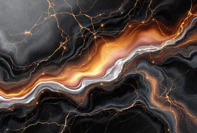 The primary subject of the image is a black and orange striped pattern, which appears to be a digital art or illustration. The setting is a black background, and the visual style is a combination of digital art and photography. The dominant colors in the image are black and orange, creating a bold and striking appearance.