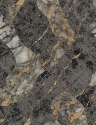 The primary subject of the image is a marble wall with a gold pattern. The setting is a room with a black and white marble floor. The visual style is a combination of a photo and digital art, creating a unique and intricate design. The dominant colors are gold and black, giving the wall and floor a luxurious and elegant appearance.