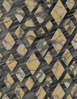 The primary subject of the image is a pattern of marble tiles. The setting is a marble wall, and the visual style is a combination of photo and digital art. The colors and mood of the image are predominantly yellow and white, giving it a warm and inviting atmosphere.
