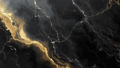 The primary subject of the image is a black and gold marble surface. The setting is a dark room, and the visual style is a close-up of the marble surface. The colors and mood of the image are predominantly dark, with the gold and black colors creating a striking contrast.