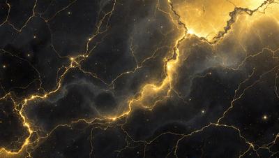 The primary subject of the image is a yellow and black nebula, which is a cloud of gas and dust in space. The setting is a dark, starry sky, and the visual style is a combination of photo and digital art. The dominant colors are yellow and black, creating a striking and dramatic atmosphere.