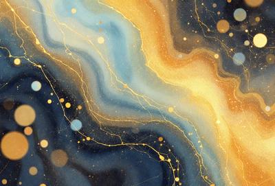 The primary subject of the image is a painting of a colorful, swirling, and abstract design. The setting is a canvas, and the visual style is a painting. The dominant colors in the painting are gold, blue, and yellow, creating a vibrant and lively atmosphere.