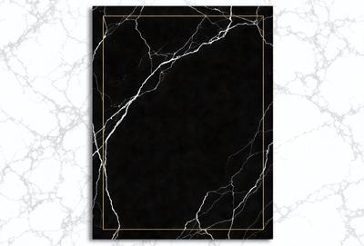 The primary subject of the image is a black and white marble-patterned wall. The setting is a room with a black background, which creates a striking contrast with the marble pattern. The visual style is a combination of a photo and a drawing, giving the image a unique and artistic appearance. The colors and mood of the image are predominantly black and white, with a touch of elegance and sophistication.