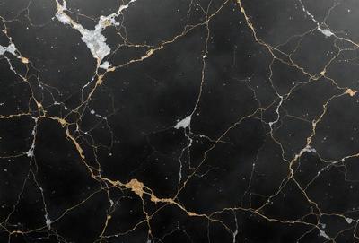 The primary subject of the image is a black marble countertop with gold veins. The setting is a kitchen, and the visual style is a close-up of the marble countertop. The colors and mood of the image are dark and dramatic, with the gold veins adding a touch of luxury and sophistication.