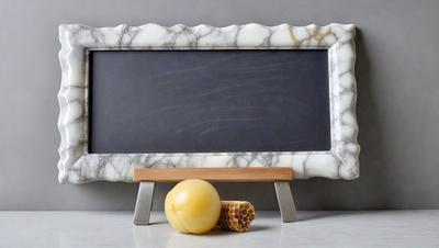 The primary subject of the image is a picture frame with a marble frame, which is placed on a table. The setting is a table with a marble surface. The visual style is a photo, and the colors and mood are predominantly white, giving the scene a clean and elegant appearance.