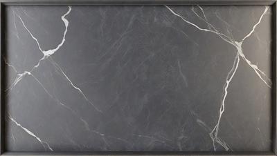The primary subject of the image is a marble countertop. The setting is a kitchen, with the countertop being the main focus of the scene. The visual style is a photo, capturing the natural texture and beauty of the marble surface. The colors and mood of the image are predominantly gray, giving it a sleek and sophisticated appearance.
