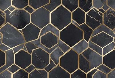The primary subject of the image is a pattern of hexagons, which are arranged in a honeycomb-like structure. The setting is a black and gold background, giving the image a sophisticated and elegant appearance. The visual style is a combination of digital art and illustration, creating a unique and intricate design. The dominant colors are black and gold, which contribute to the overall mood of the image, evoking a sense of luxury and refinement.