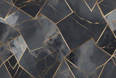 The primary subject of the image is a black and gold marble tile. The setting is a black and gold marble tile wall, which serves as the background. The visual style is a close-up of the marble tile, showcasing its intricate patterns and textures. The dominant colors are black and gold, creating a luxurious and elegant atmosphere.