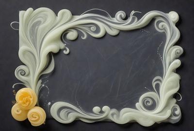 The primary subject of the image is a picture frame with a white background. The frame is decorated with swirls and has a yellow flower in the corner. The setting is a black background, and the visual style appears to be a combination of digital art and illustration. The colors and mood of the image are predominantly white and black, with a touch of yellow from the flower.