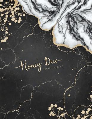 The primary subject of the image is a bottle of Honey Dew perfume. The setting is a black and gold background, which adds a luxurious and elegant touch to the scene. The visual style is a combination of a photo and digital art, creating a unique and eye-catching presentation. The colors and mood of the image are predominantly gold and black, giving it a sophisticated and timeless appearance.