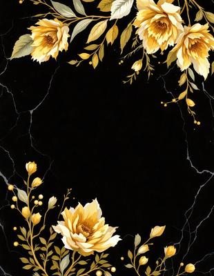 The primary subject of the image is a beautifully designed wallpaper featuring a pattern of flowers. The setting is a black background, which contrasts with the vibrant colors of the flowers. The visual style is a combination of digital art and illustration, creating a unique and eye-catching design. The dominant colors are yellow and gold, giving the wallpaper a warm and inviting atmosphere.