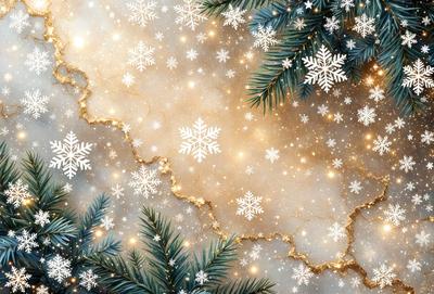 The primary subject of the image is a snowy scene with a focus on a tree. The tree is surrounded by a beautiful, snowy background, creating a serene and wintry atmosphere. The visual style of the image is a combination of photo and digital art, giving it a unique and artistic appearance. The dominant colors in the image are white and gold, which are associated with snow and winter.