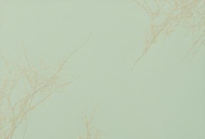The primary subject of the image is a wall with a pattern of branches and leaves. The setting is a room with a green wall, and the visual style appears to be a combination of a photo and a drawing. The colors and mood of the image are predominantly green, creating a calm and natural atmosphere.
