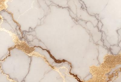 The primary subject of the image is a marble countertop with a gold-colored design. The setting is a kitchen, and the visual style is a close-up of the marble countertop. The colors and mood of the image are predominantly white and gold, giving it a luxurious and elegant appearance.