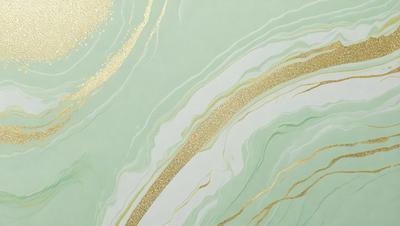 The primary subject of the image is a painting of a wave, featuring a mix of gold, green, and white colors. The setting is a wall, and the visual style appears to be a combination of digital art and illustration. The painting creates a serene and calming atmosphere, with the gold and green colors evoking a sense of tranquility.