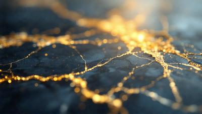 The primary subject of the image is a close-up of a cracked, textured surface with a yellowish glow. The setting appears to be a dark, possibly industrial environment. The visual style is a combination of a photo and digital art, creating a unique and intriguing appearance. The dominant colors are yellow and blue, with the yellowish glow adding warmth to the scene. The overall atmosphere is mysterious and captivating.