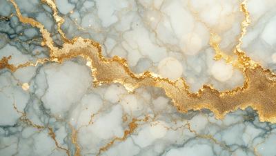The primary subject of the image is a marble surface with gold accents. The setting is a marble countertop, and the visual style is a close-up of the marble surface. The colors and mood of the image are predominantly gold and white, creating a luxurious and elegant atmosphere.