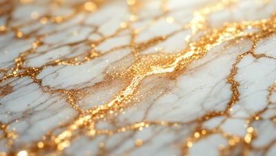 The primary subject of the image is a gold-colored pattern or texture, which is displayed on a white surface. The setting or background consists of a marble-like surface, giving the impression of a luxurious or high-end environment. The visual style of the image is a combination of photo and digital art, as it appears to be a close-up of the gold pattern, with a slightly blurred background. The colors and mood of the image are predominantly gold and warm, creating a sense of soph