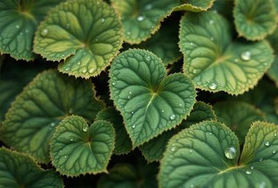 The primary subject of the image is a close-up of a leaf with water droplets on it. The leaf is green and appears to be a part of a plant. The setting is a close-up of the leaf, with no background visible. The visual style is a close-up of the leaf, which gives a sense of detail and focus on the subject. The colors are predominantly green, with the water droplets adding a touch of blue. The overall atmosphere is calm and serene, as the image captures
