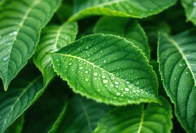 The primary subject of the image is a close-up of a leaf with water droplets on it. The leaf is green and appears to be a part of a larger plant. The setting is a natural environment, with the leaf being the main focus of the image. The visual style is a close-up, which emphasizes the details of the leaf and the water droplets. The colors in the image are predominantly green, which adds to the natural and serene atmosphere of the scene.