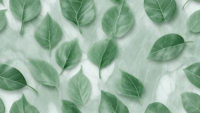 The primary subject of the image is a large group of green leaves, which are arranged in a visually appealing manner. The leaves are placed on a white background, creating a striking contrast. The visual style of the image is a combination of photo and digital art, as it appears to be a close-up of the leaves, yet the background is white, which is not typical of a photo. The colors and mood of the image are predominantly green, as the leaves are the main focus, and the overall atmosphere is serene