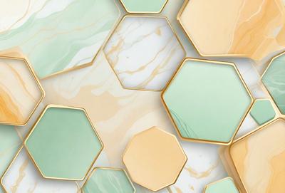 The primary subject of the image is a marble tile with a gold frame. The setting is a wall, and the visual style is a close-up of the tile. The dominant colors are gold and marble, creating a luxurious and elegant atmosphere.
