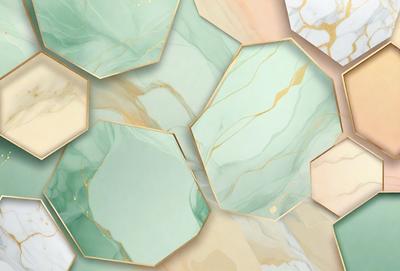 The primary subject of the image is a green marble tile. The setting is a room with a green marble wall, and the visual style is a close-up of the tile. The dominant colors are green and white, creating a calm and soothing atmosphere.