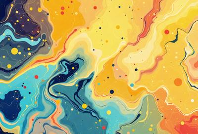 The primary subject of the image is a colorful, abstract painting featuring a mix of blue, yellow, and orange hues. The painting is set against a backdrop of a yellow and blue background, creating a vibrant and lively atmosphere. The visual style of the painting is a combination of digital art and illustration, with a focus on the vivid colors and intricate patterns. The overall mood of the painting is energetic and lively, with the bold colors and dynamic patterns capturing the viewer's attention