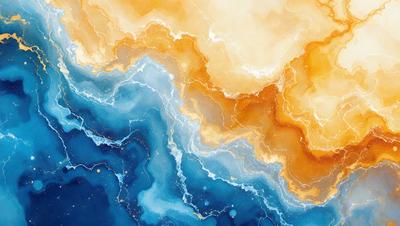 The primary subject of the image is a painting of a blue and yellow ocean. The setting is a blue and yellow ocean, and the visual style is a painting. The dominant colors and overall atmosphere are blue and yellow, creating a vibrant and lively scene.