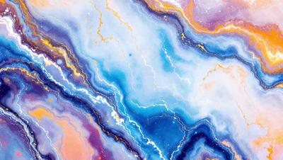 The primary subject of the image is a vibrant, colorful painting featuring a blue and yellow background. The setting is a canvas, and the visual style is a painting. The dominant colors are blue and yellow, creating a lively and energetic atmosphere.