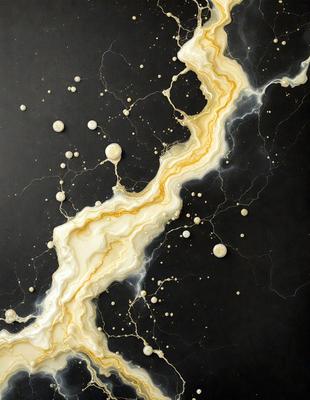 The primary subject of the image is a close-up of a marble surface with a yellow line running through it. The setting is a black background, which contrasts with the marble and yellow line. The visual style appears to be a combination of a photo and digital art, as the yellow line seems to be digitally manipulated. The colors and mood of the image are predominantly black and yellow, creating a striking contrast between the marble and the yellow line.