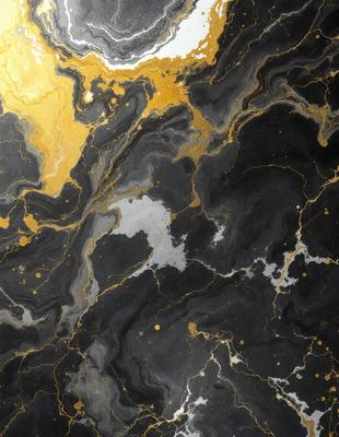 The primary subject of the image is a black and gold marble-like surface. The setting is a dark room, and the visual style appears to be a combination of a photo and digital art. The colors and mood of the image are predominantly dark, with gold and black accents, creating a dramatic and luxurious atmosphere.