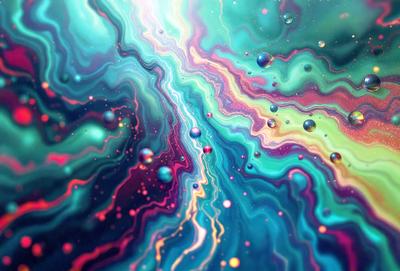 The primary subject of the image is a colorful, swirling, and abstract design that resembles a kaleidoscope. The setting is a dark background, which contrasts with the vibrant colors of the design. The visual style is a combination of digital art and illustration, creating a unique and eye-catching pattern. The dominant colors are blue, green, and yellow, which contribute to a lively and energetic atmosphere.
